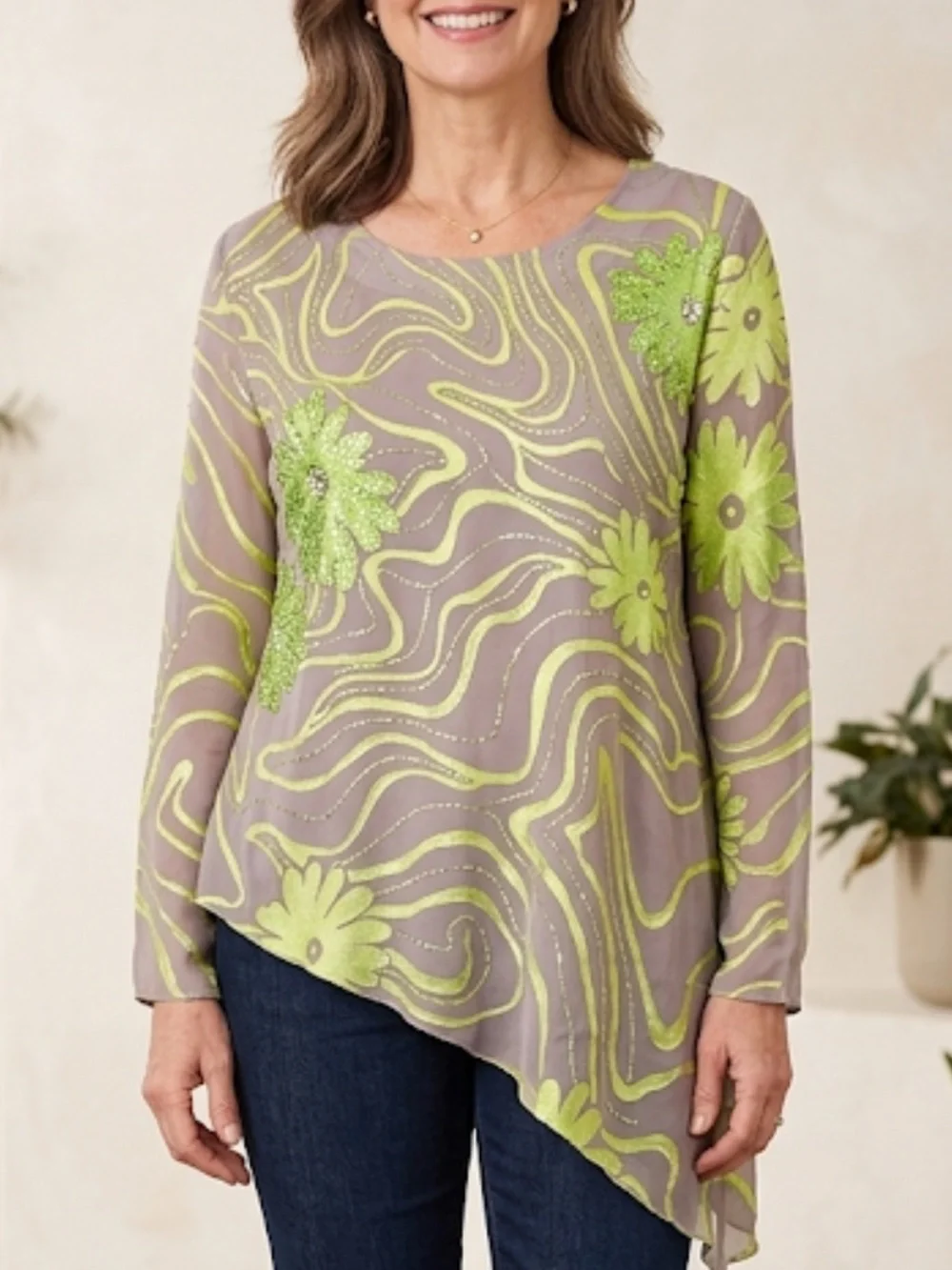Fashque asymmetrical dazzling and sparkling gray top size L